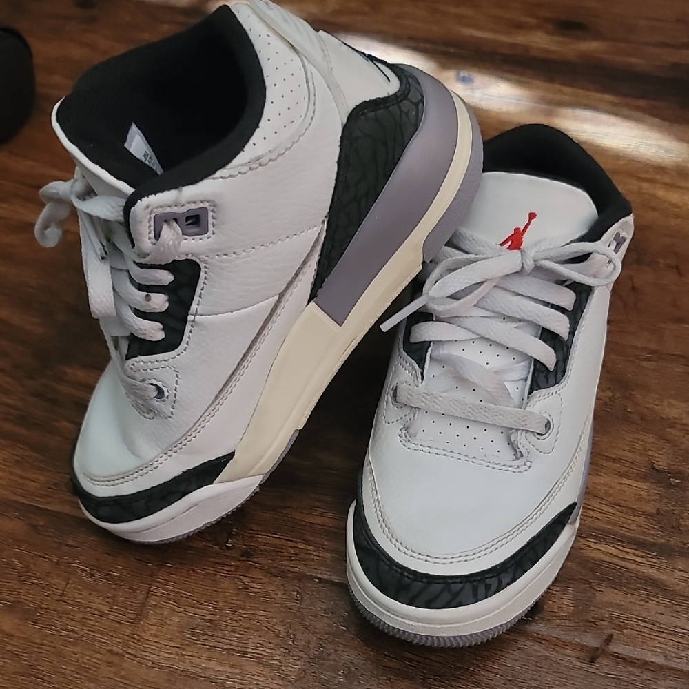 Nike - Air Jordan Retro, Size 11C, Kids White and Black Sneakers with Red Accent